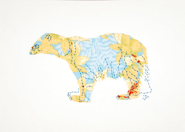 Polar Bear in Cream Leaves on Blue