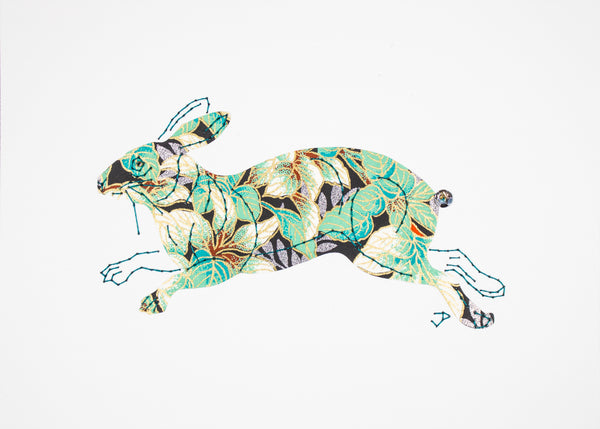 Rabbit in Green Leaves on Black