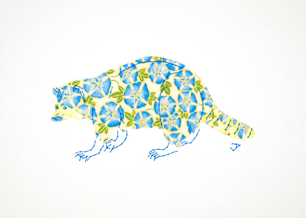 Raccoon in Blue Morning Glories