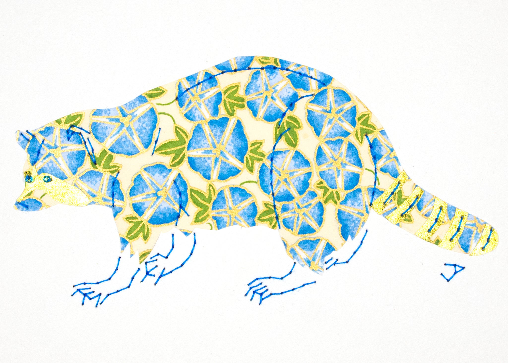 Raccoon in Blue Morning Glories