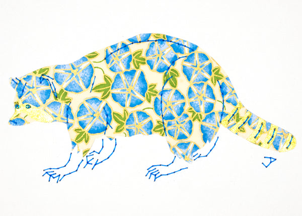 Raccoon in Blue Morning Glories