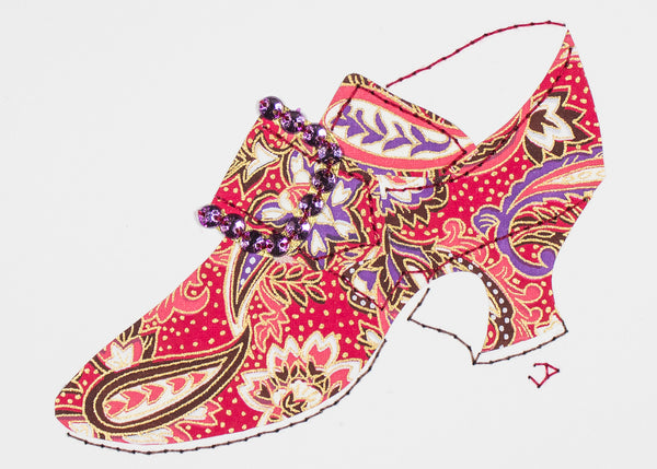 Stitched Paper 1760s Shoe in Pink and Purple Paisley