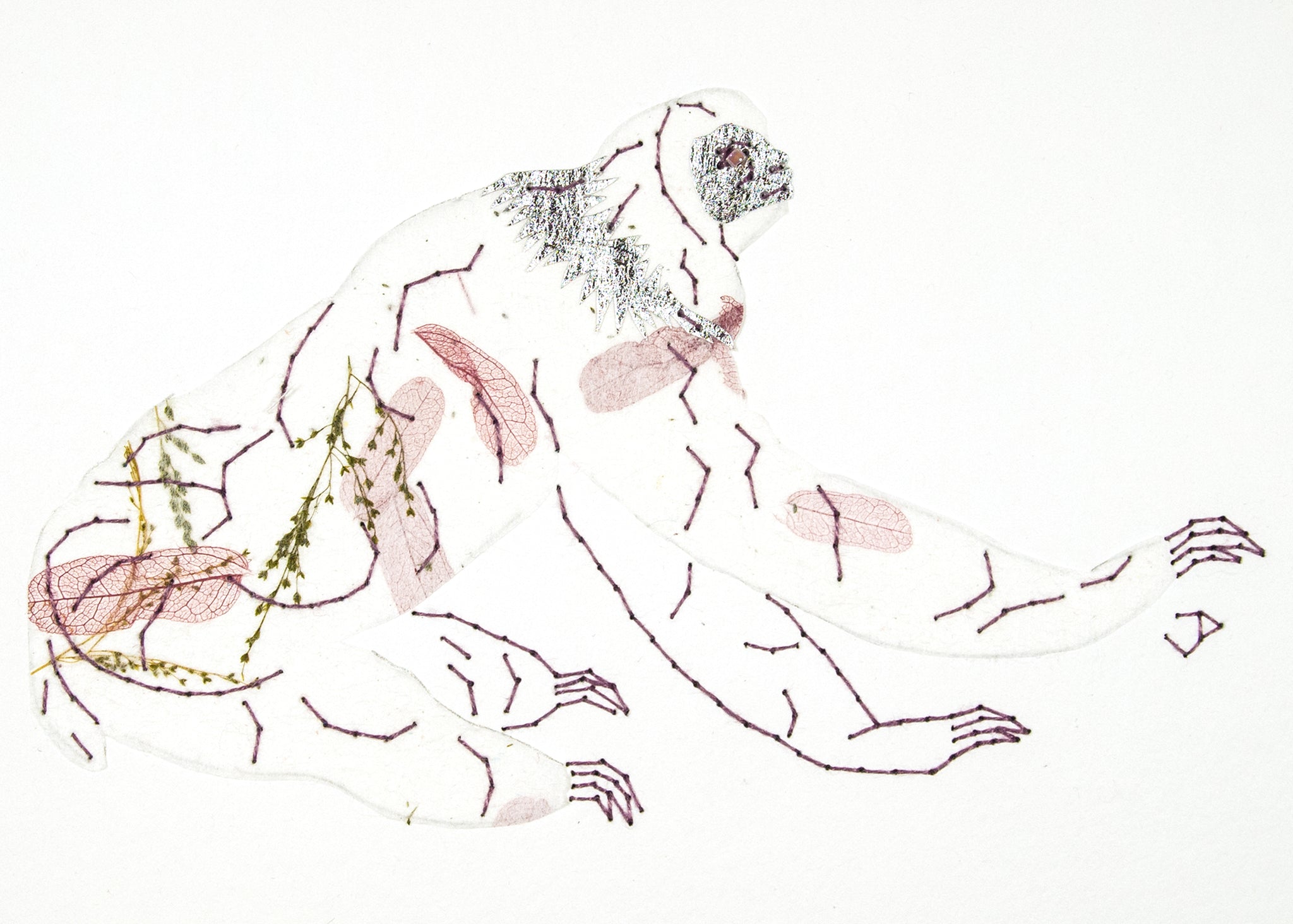 Sloth in Pale Wine Leaves, White & Silver