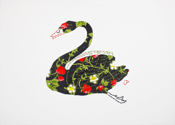 Swan in strawberries on black