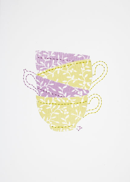Teacup stack in pale purple & lime green