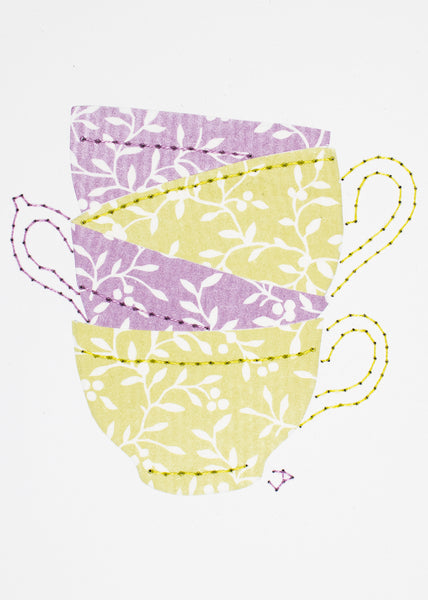 Teacup stack in pale purple & lime green