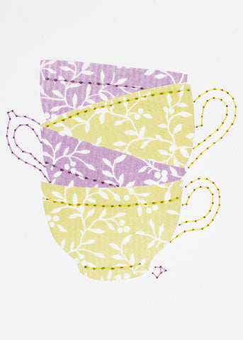 Teacup stack in pale purple & lime green