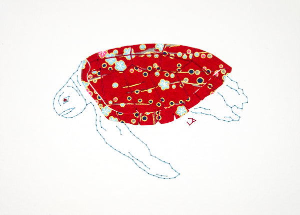 Green Turtle in Deep Red with Flowers