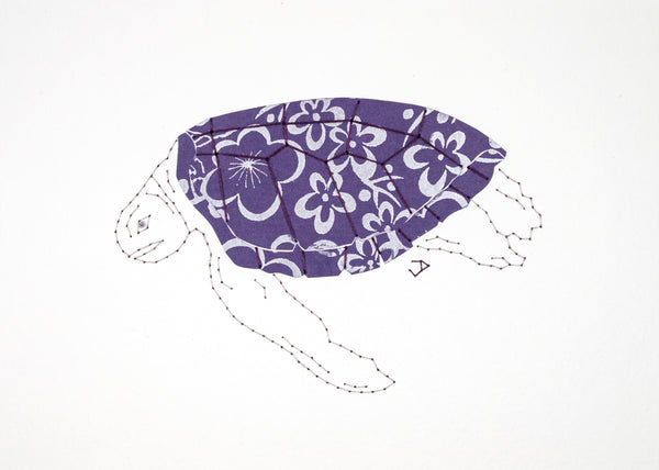 Green Turtle in Silver Flowers on Indigo
