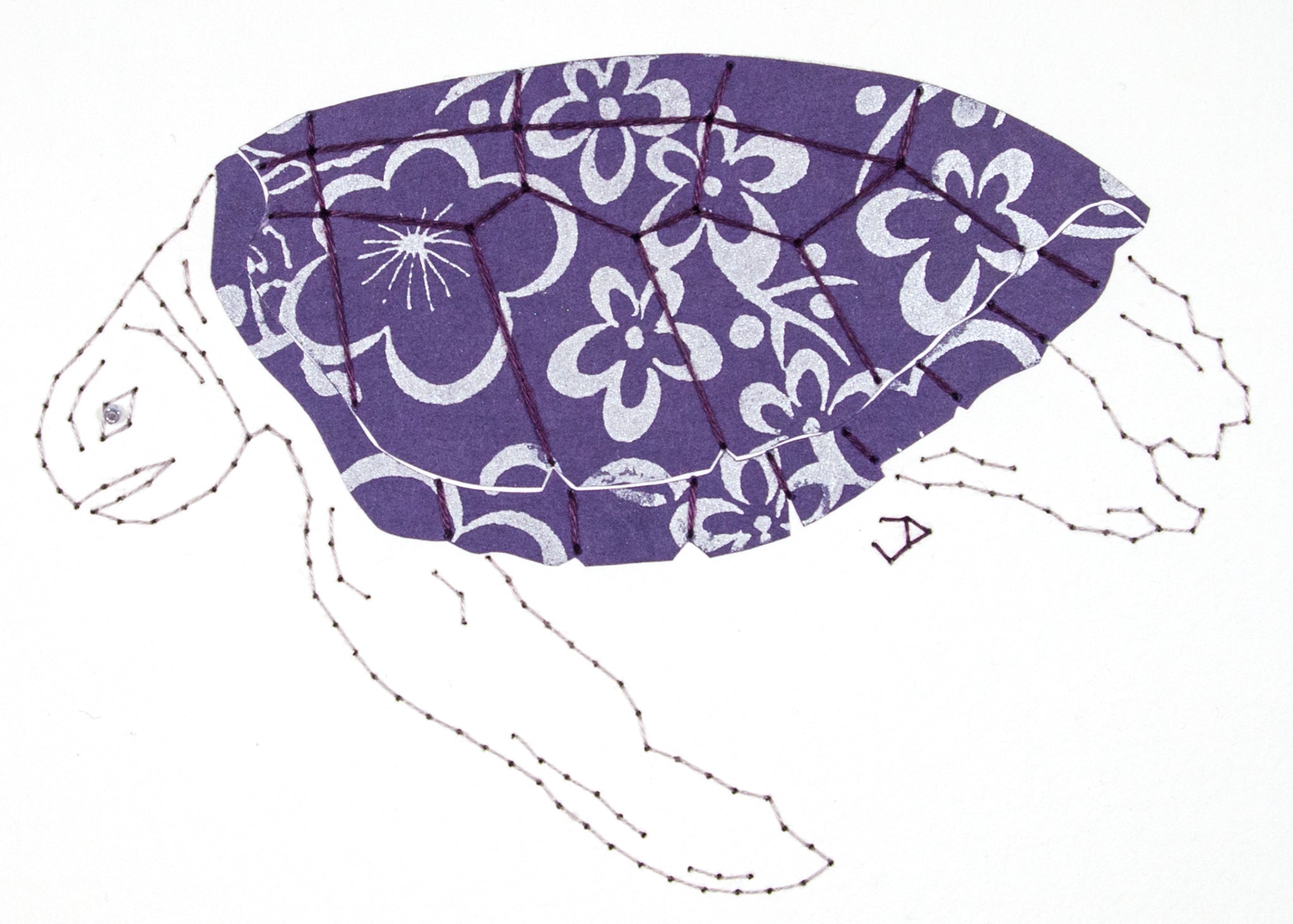 Green Turtle in Silver Flowers on Indigo