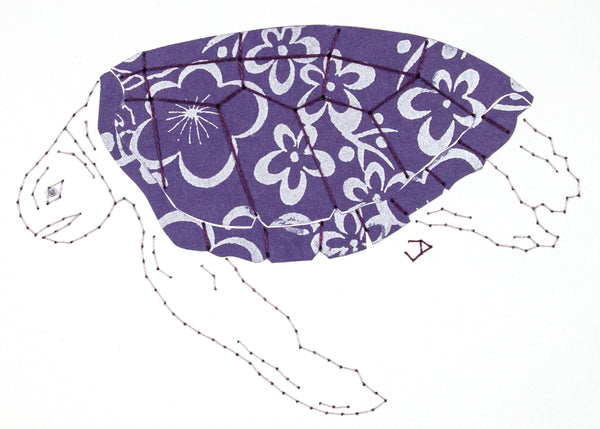 Green Turtle in Silver Flowers on Indigo