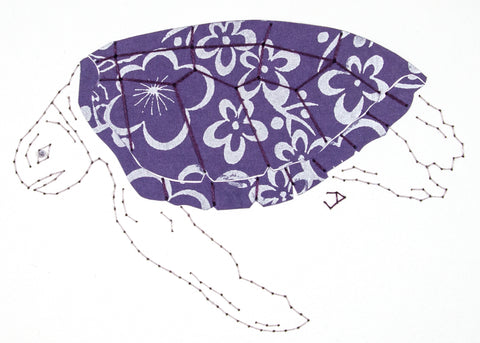 Green Turtle in Silver Flowers on Indigo