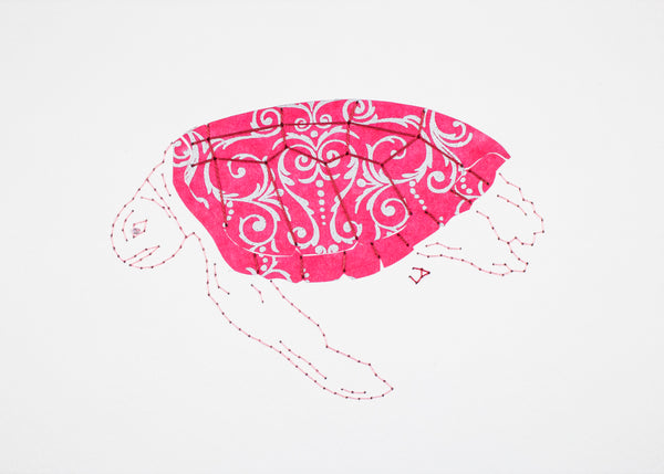 Green Turtle in Silver Filigree on Pink