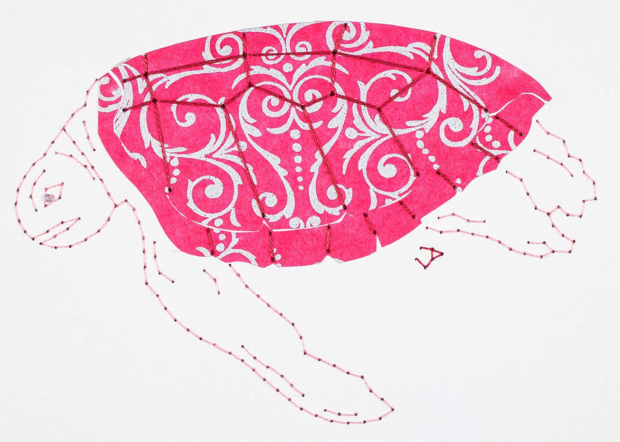 Green Turtle in Silver Filigree on Pink