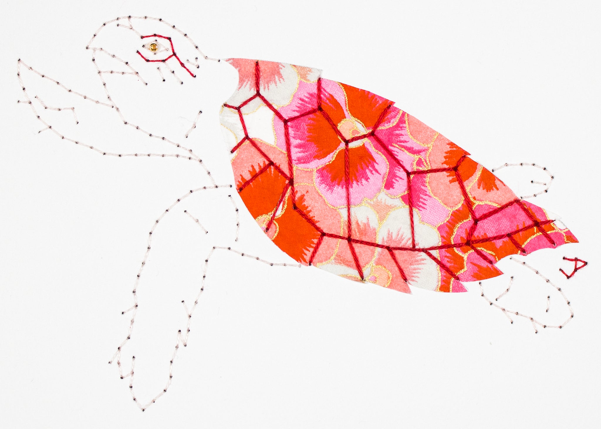 Hawksbill Turtle in pink & red pansies