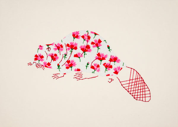 Beaver in Red & Pink Flowers on Silver