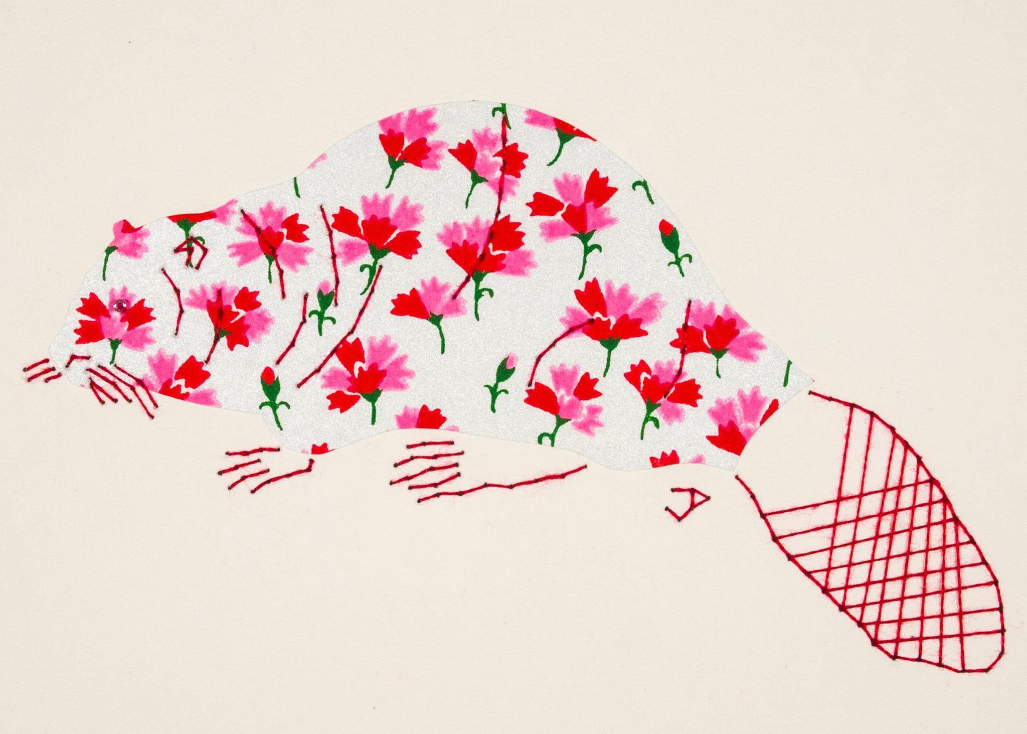 Beaver in Red & Pink Flowers on Silver