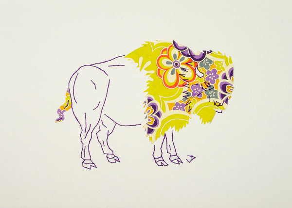 Bison in 1960s Flowers on Lime Green