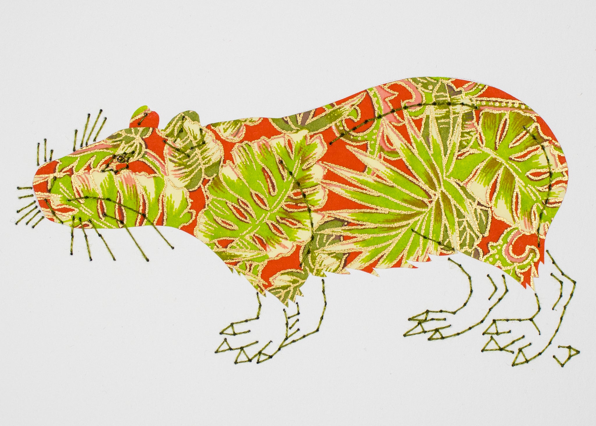 Capybara in Green Palms on Red