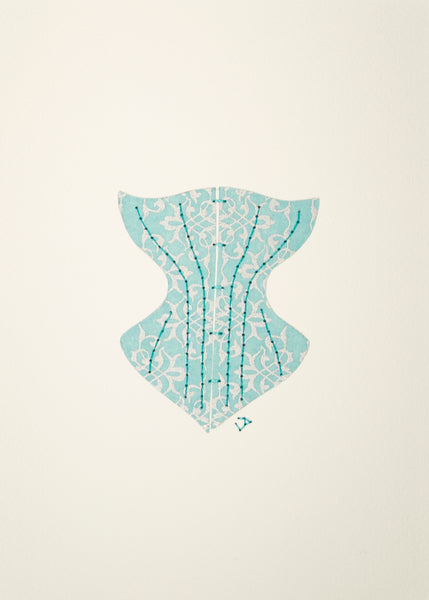 Victorian Corset in Silver Filigree on Pale Turquoise Blue