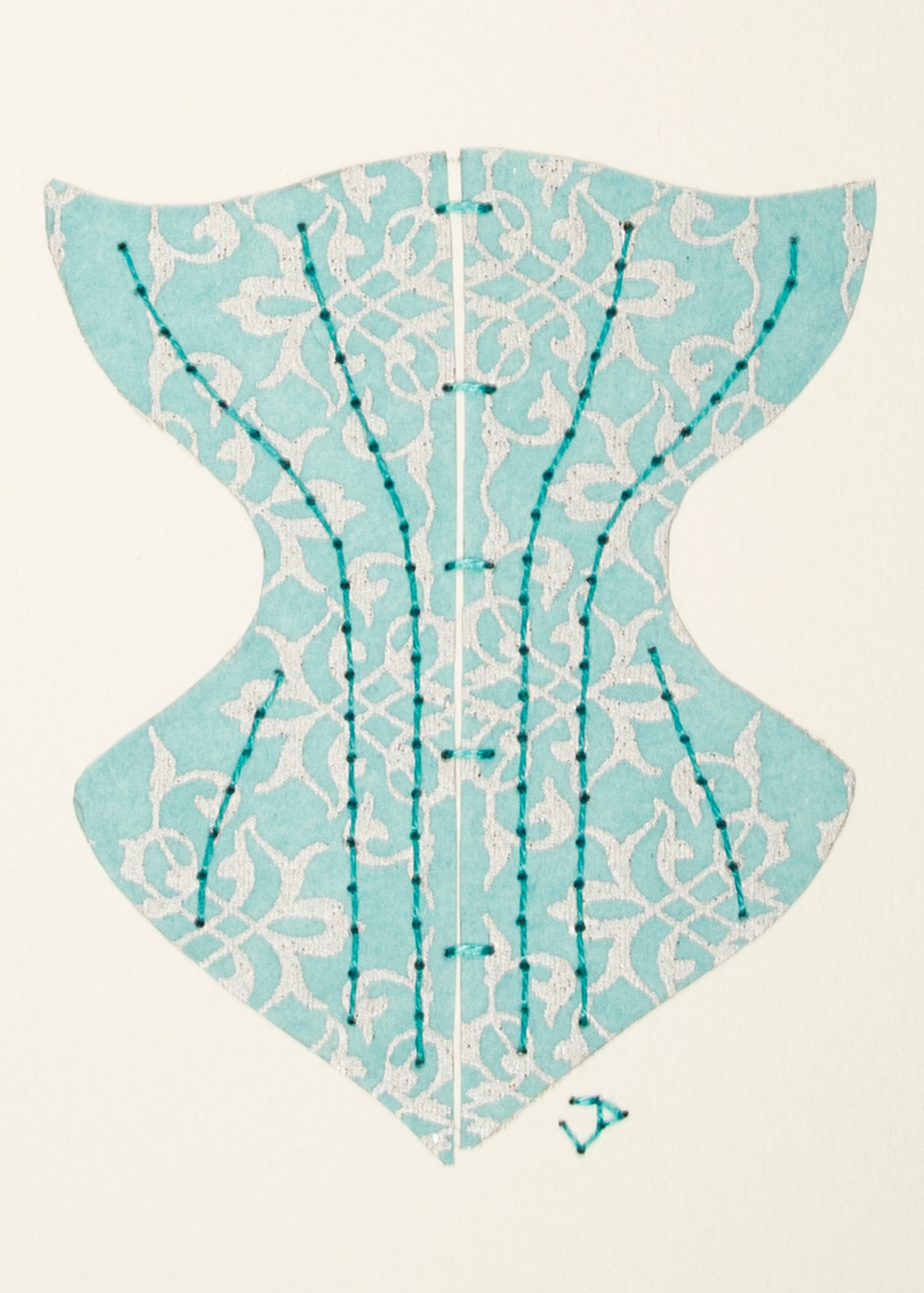 Victorian Corset in Silver Filigree on Pale Turquoise Blue