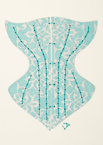 Victorian Corset in Silver Filigree on Pale Turquoise Blue