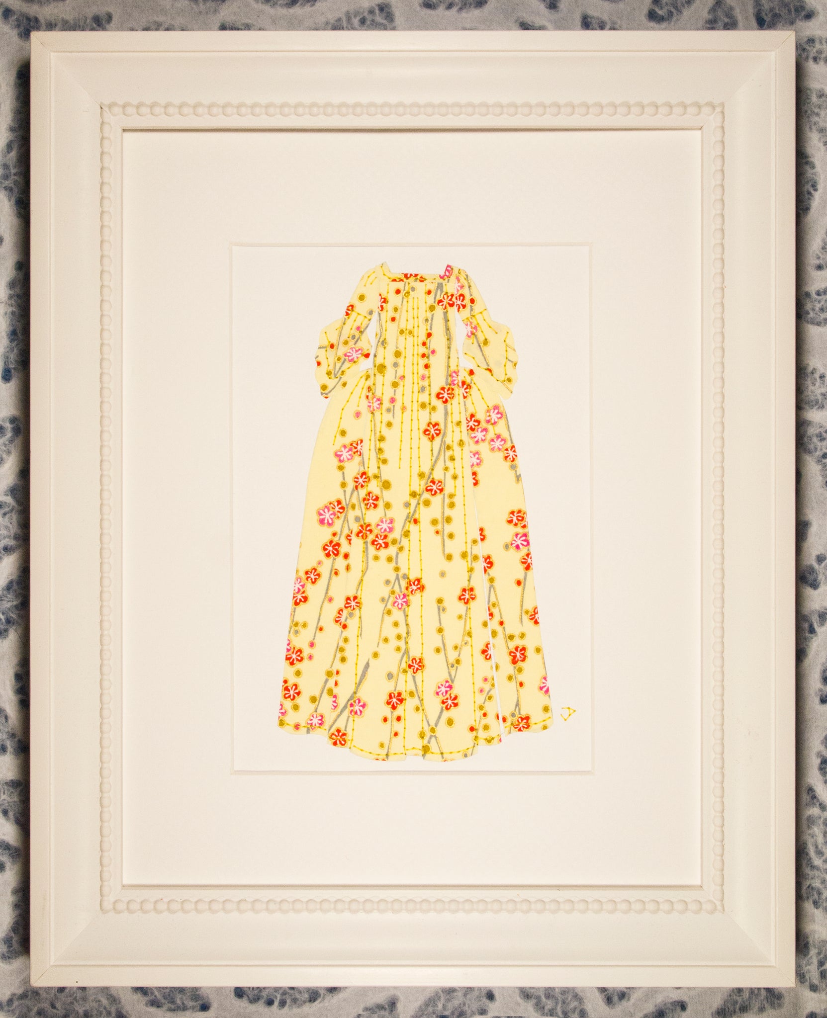 Dress #005.2: Robe à la française in pink and coral flowers on yellow
