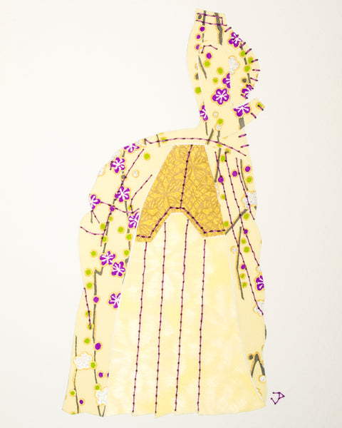 Dress #002: Victorian dress in pale yellow, gold, and purple