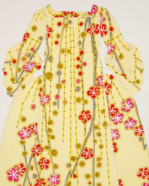 Dress #005.2: Robe à la française in pink and coral flowers on yellow