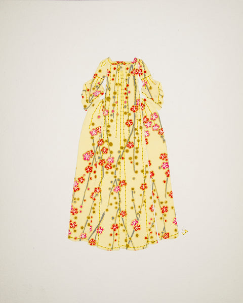 Dress #005.2: Robe à la française in pink and coral flowers on yellow