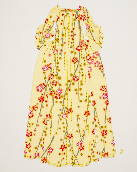Dress #005.2: Robe à la française in pink and coral flowers on yellow
