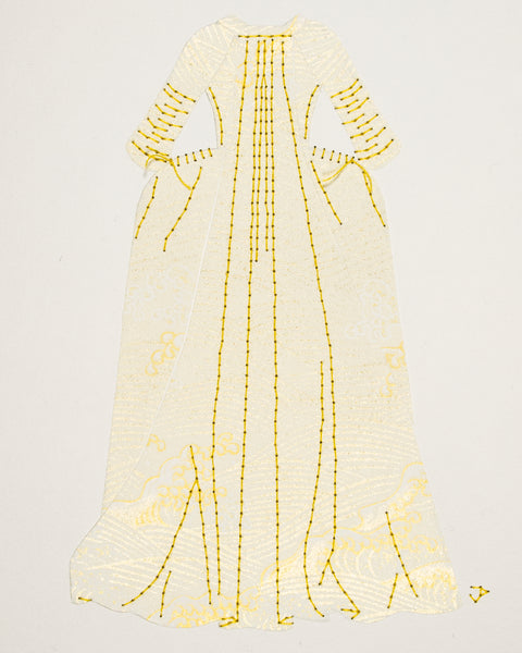 Dress #013.3: Robe à la française in ivory and gold: back view. 2017