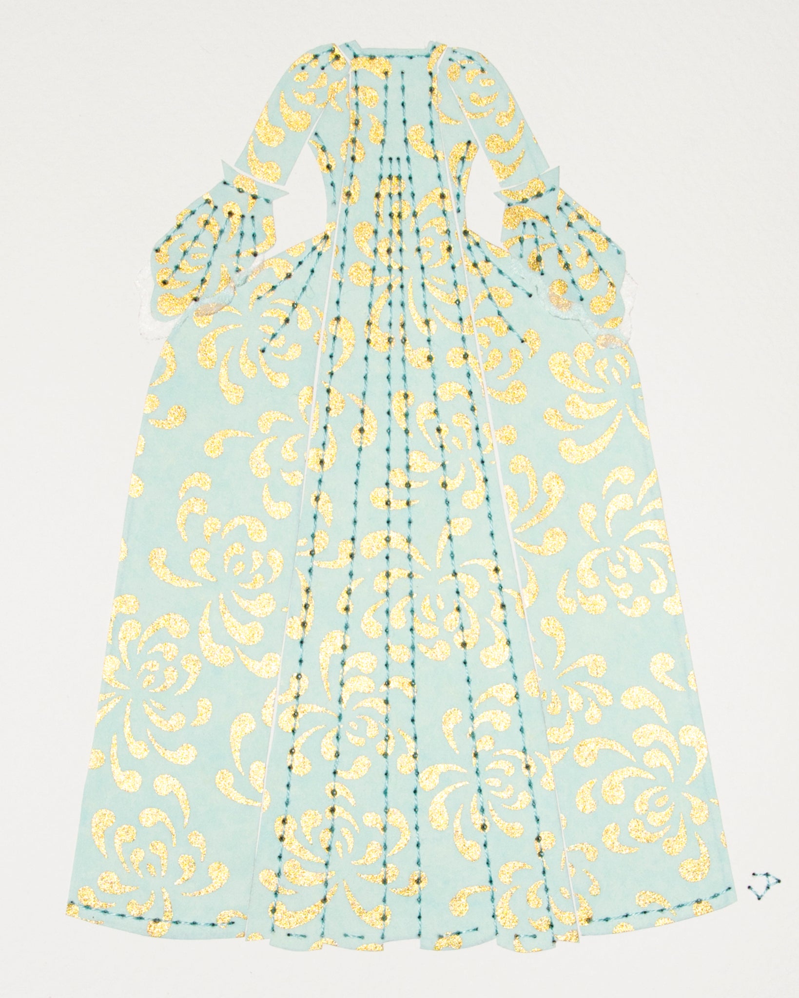 Dress #007: Robe à la française in gold and turquoise: rear view. 2014