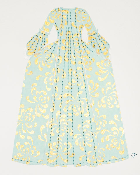 Dress #007: Robe à la française in gold and turquoise: rear view. 2014