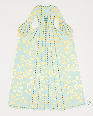 Dress #007: Robe à la française in gold and turquoise: rear view. 2014