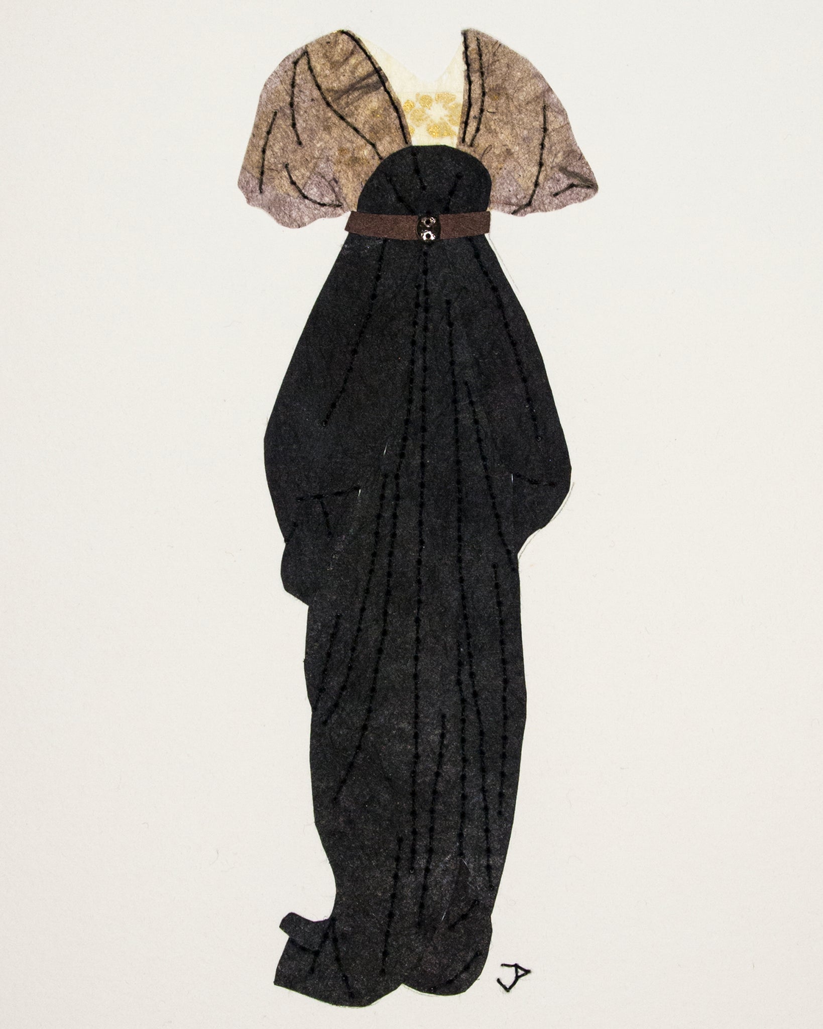 Dress #081: Edwardian dress in black with brown belt. 2019
