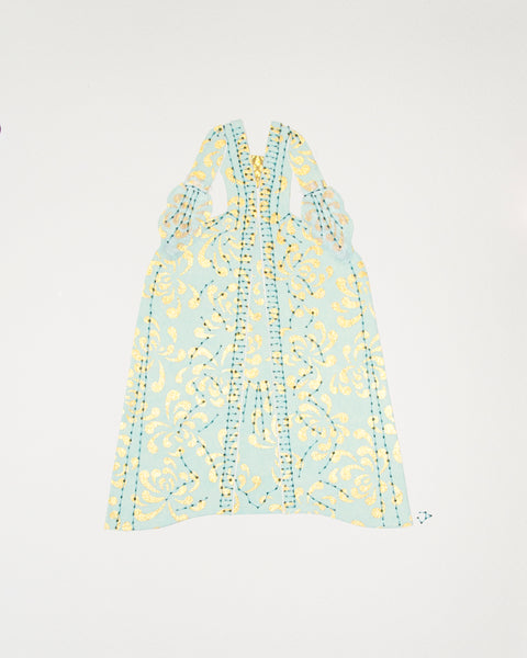 Dress #008: Robe à la française in gold and turquoise: front view. 2014