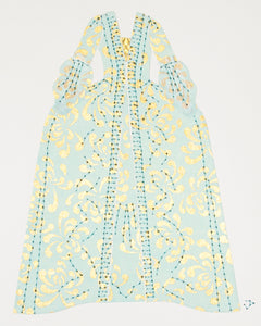 Dress #008: Robe à la française in gold and turquoise: front view. 2014