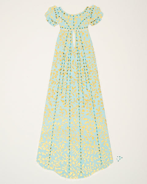 Dress #009: Regency dress in mint and gold: rear view. 2014