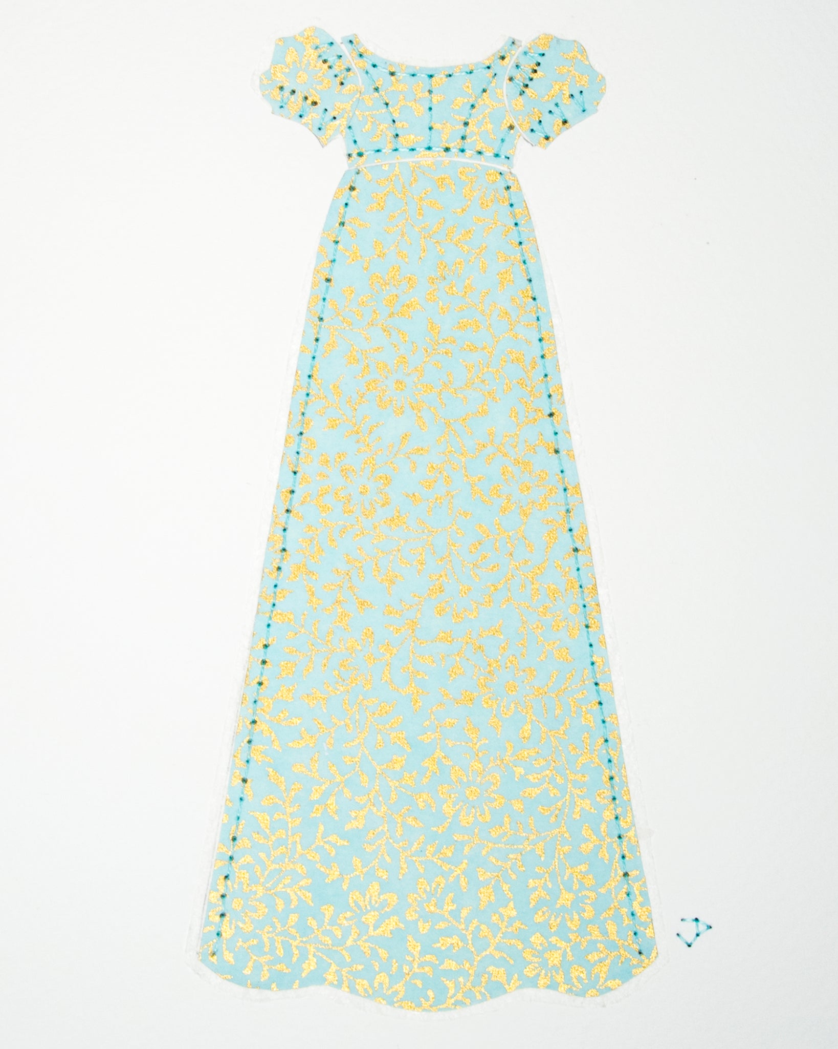 Dress #010: Regency dress in mint and gold: front view. 2014