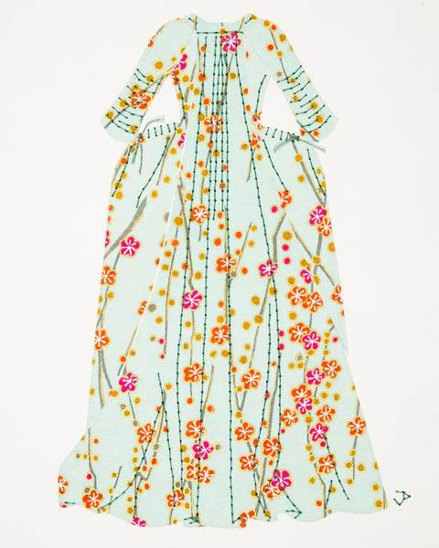 Dress #013.2: Robe à la française in pale turquoise with orange and pink flowers: back view. 2017