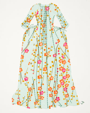 Dress #013.2: Robe à la française in pale turquoise with orange and pink flowers: back view. 2017