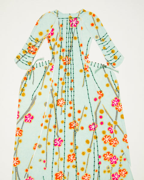 Dress #013.2: Robe à la française in pale turquoise with orange and pink flowers: back view. 2017