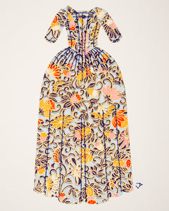 Dress #017: 18th century gown in blue with navy, yellow, and pink. 2014