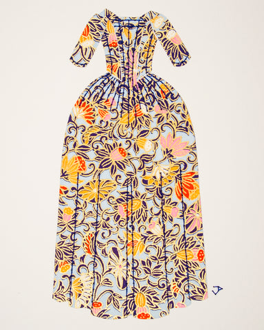 Dress #017: 18th century gown in blue with navy, yellow, and pink. 2014