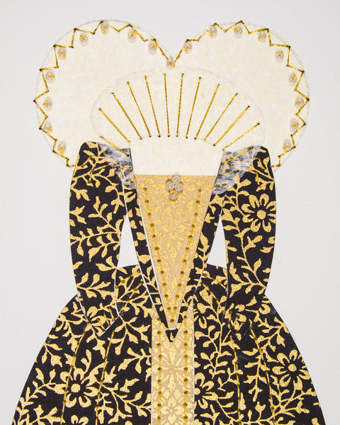 Dress #020: Queen Elizabeth I gown in black and gold: front view. 2014