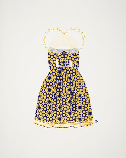Dress #021.2: Queen Elizabeth I gown in blue and gold: rear view. 2017