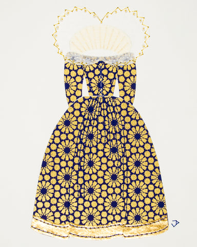 Dress #021.2: Queen Elizabeth I gown in blue and gold: rear view. 2017
