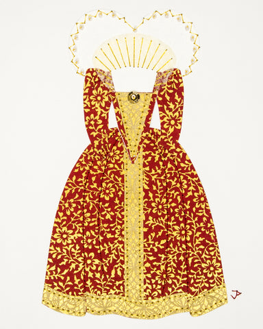 Dress #022.2: Queen Elizabeth I gown in red and gold: front view. 2017