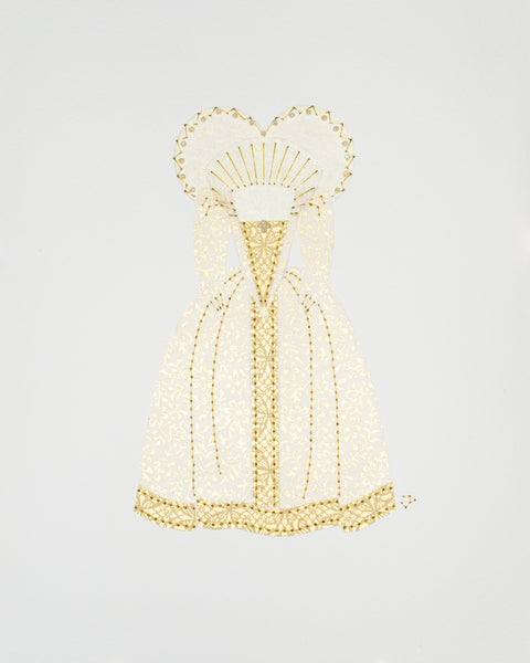 Dress #022: Queen Elizabeth I gown in white and gold: front view. 2014
